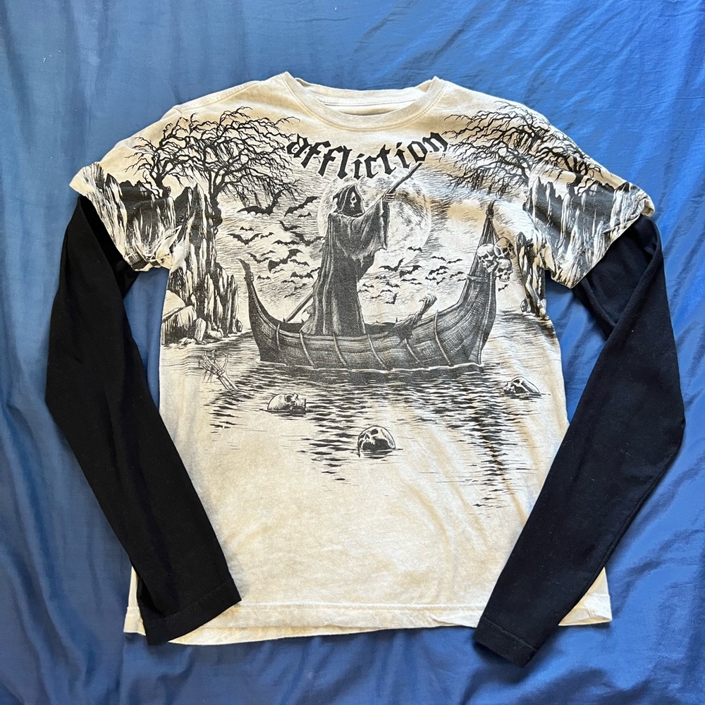 Affliction Men's Black and Cream Graphic Long Sleeve Tee